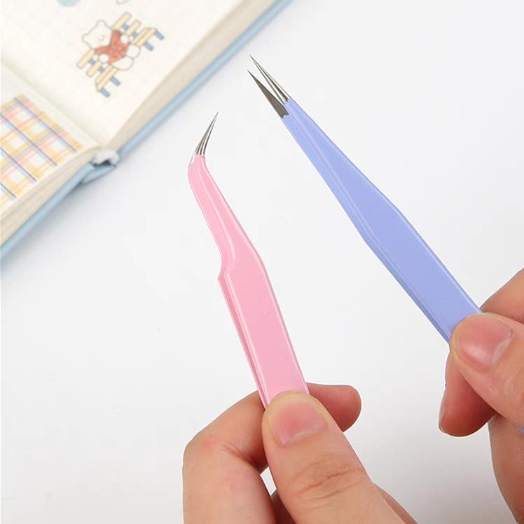 ピンセット ネイル アート シール ツール まつげ サロン パステルカラー ステンレス スチール 精密 尖った 先端 手作り ストレート カーブ シンプル ピンク 紫 青