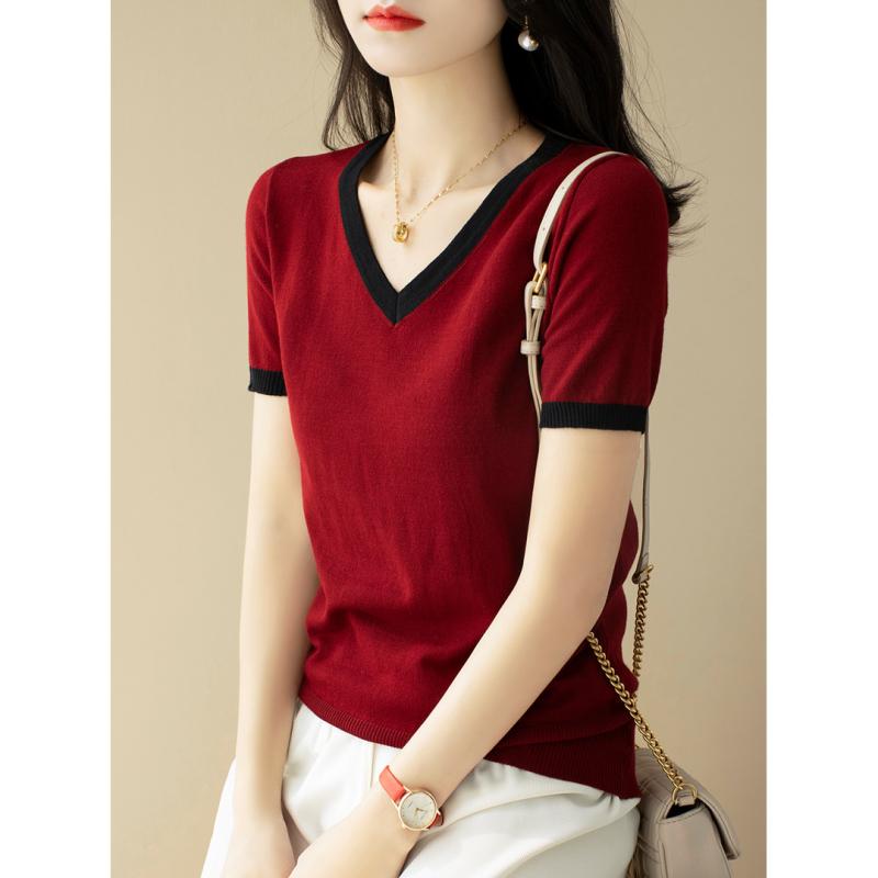 V-Neck - ニット レディース おしゃれ 大人 オフィス トップス Vネック 半袖 フレンチ風 タイトシルエット 夏 ワインレッド 配色 上品 シンプル カジュアル
