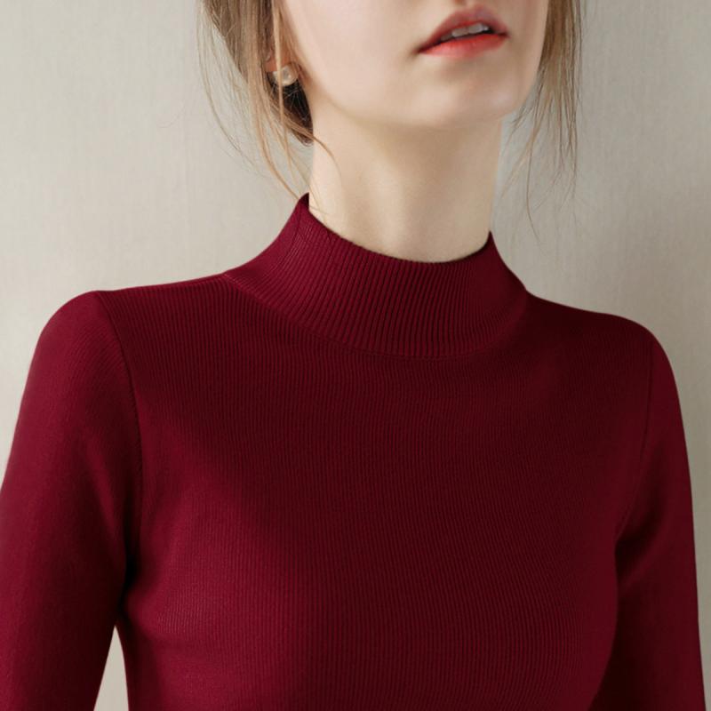 Turtleneck - ニット レディース おしゃれ 大人 オフィス トップス ワインレッド ハーフハイネック 長袖 春 シンプル 風