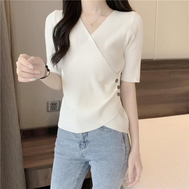 V-Neck - Tシャツ レディース おしゃれ 大人 オフィス トップス 夏 Vネック 半袖 フレンチ風 ニット 薄手 ウエストタック ボタン