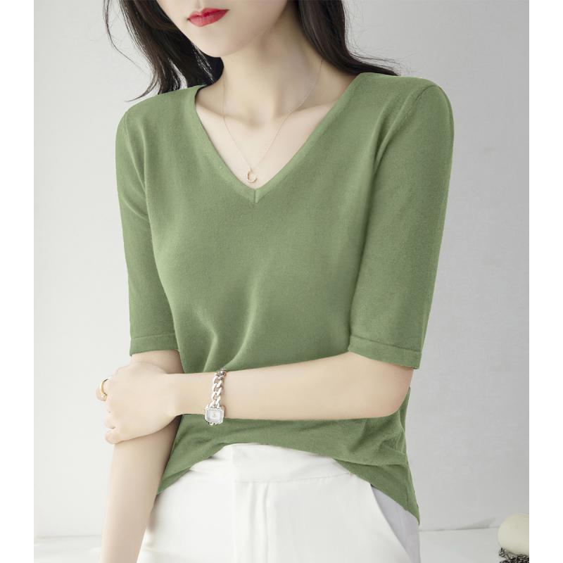 V-Neck - ニット レディース おしゃれ 大人 オフィス トップス 緑 Vネック 5分袖 薄手 夏 ゆったり シンプル
