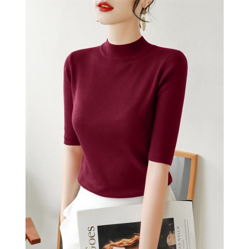 Turtleneck - 半袖 ニット レディース おしゃれ 大人 オフィス トップス ワインレッド ハイネック 5分袖 薄手 Tシャツ 夏 スリムフィット シンプル 上品
