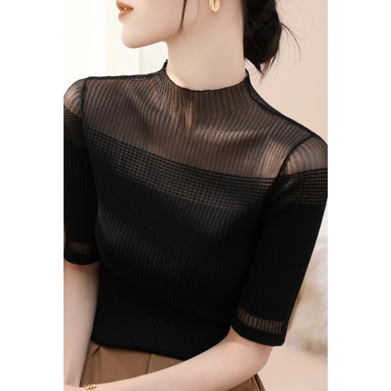 ニット レディース おしゃれ 大人 オフィス トップス 半袖 ハイネック レース シースルー 薄手 風 タイト 通勤 夏