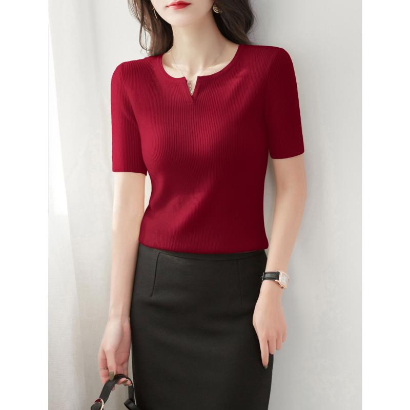 V-Neck - 半袖ニット レディース おしゃれ 大人 オフィス トップス 夏 小vネック 薄手 ピタッとシルエット リブ 涼しい 快適 上品 シンプル