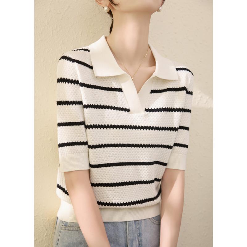 V-Neck - ニットシャツ レディース おしゃれ 大人 オフィス トップス 夏 Vネック ストライプ 半袖 レーヨン混 薄手 冷淡系 ニュアンスカラー 上品