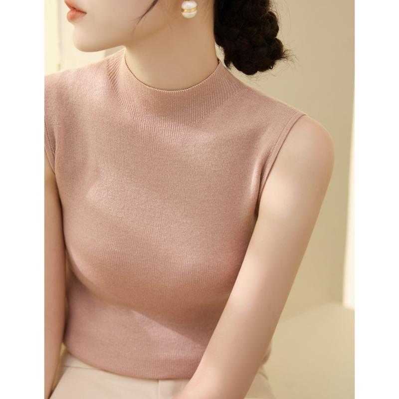 Turtleneck - ノースリーブ ニット レディース おしゃれ 大人 オフィス トップス ピンク ハイネック タイトシルエット 涼しい 快適 夏 シンプル 上品 無地