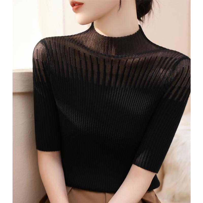 Turtleneck - ニット 半袖 レディース おしゃれ 大人 オフィス トップス 夏 フレンチ エレガント スリム レース メッシュ 5分袖 ハーフハイネック シースルー
