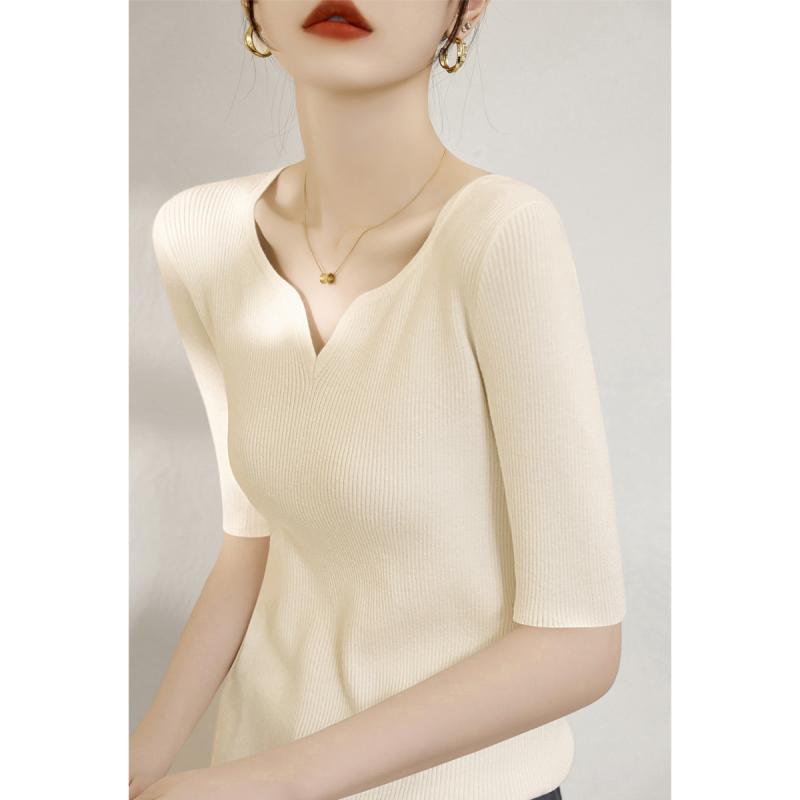 V-Neck - ニットプルオーバー レディース おしゃれ 大人 オフィス トップス Vネック 5分袖 シンプル スリム 上品 春 着やせ