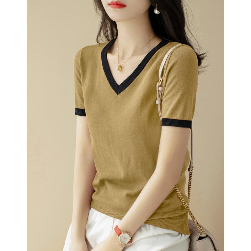 V-Neck - Tシャツ レディース おしゃれ 大人 オフィス トップス Vネック 配色 半袖 ニット 春夏 韓国 着やせ カジュアル シンプル