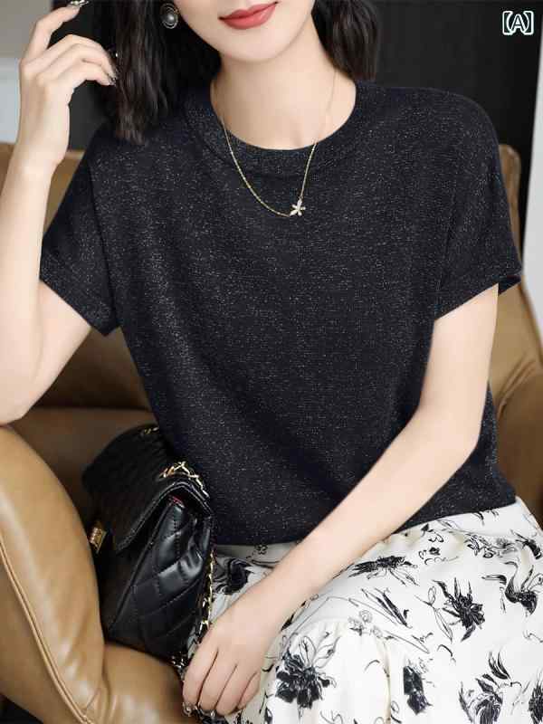 Tシャツ レディース おしゃれ 大人 オフィス トップス 芥子色 ラウンドネック 半袖 ニット ゆったり シンプル 着痩せ 夏 カジュアル