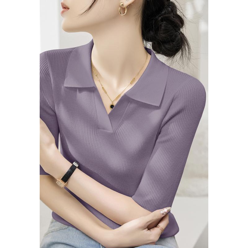 V-Neck - ニット 半袖 レディース おしゃれ 大人 オフィス トップス ラベンダー Vネック ポロカラー スリム 薄手 夏 涼しい 快適 シンプル 着やせ