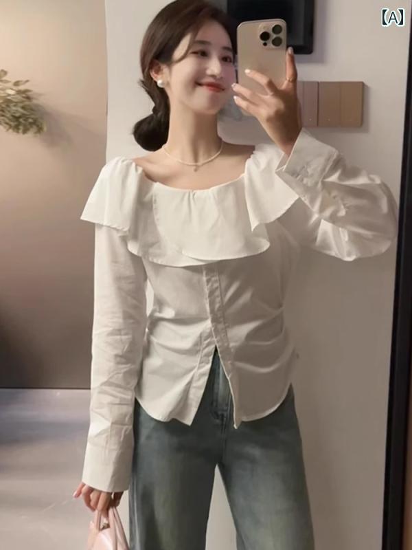 ブラウス レディース おしゃれ オフショルダー 長袖 フリル フェミニン 春 上品 体型カバー スリム 韓国 トップス