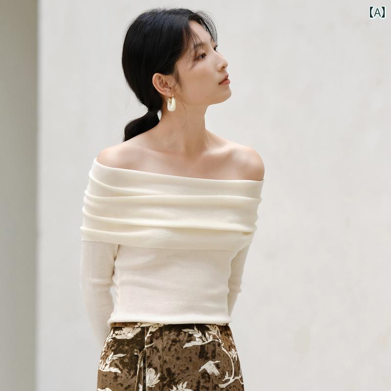 Boat Neck - ニットトップス レディース おしゃれ 白 オフショルダー 秋 薄手 ウール混紡 スリムフィット 上品 シンプル