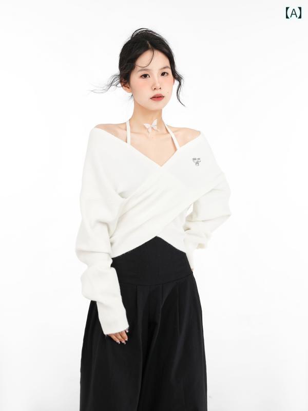 Turtleneck - ニットトップス レディース おしゃれ 白 オフショルダー ハイネック風 クロップド 長袖 秋冬 ショート丈 シンプル