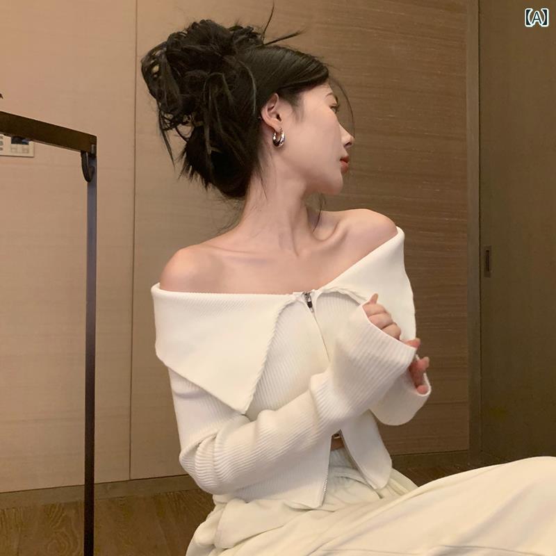 ニットトップス レディース おしゃれ 秋 オフショルダー 長袖 ショート丈 ダブルジッパー 個性的 肌見せ シンプル