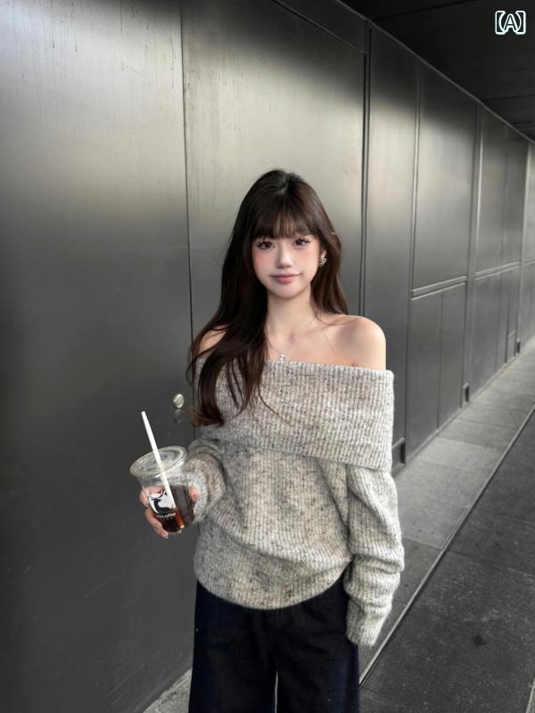 ニット レディース おしゃれ グレー オフショルダー 韓国 プルオーバー 秋冬 ゆったり 小柄 長袖 オフショルダー シンプル