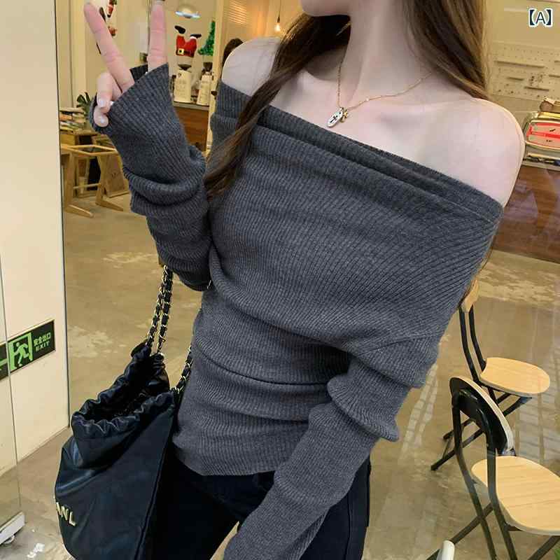 ニットトップス レディース おしゃれ オフショルダー 斜め オフショルダー 長袖 秋冬 シンプル スリムフィット