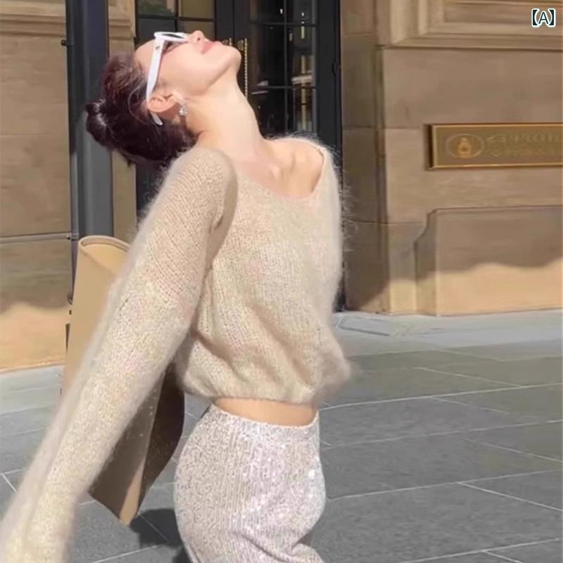 ニットトップス レディース おしゃれ オフショルダー ショート マオカイモウ 春秋 ゆったり 露肩 柔らかい カジュアル フェミニン風