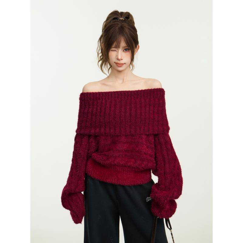 ニット レディース おしゃれ 赤 オフショルダー 秋冬 厚手 長袖 トップス シンプル 露肩 リブ 体型カバー ニットセーター
