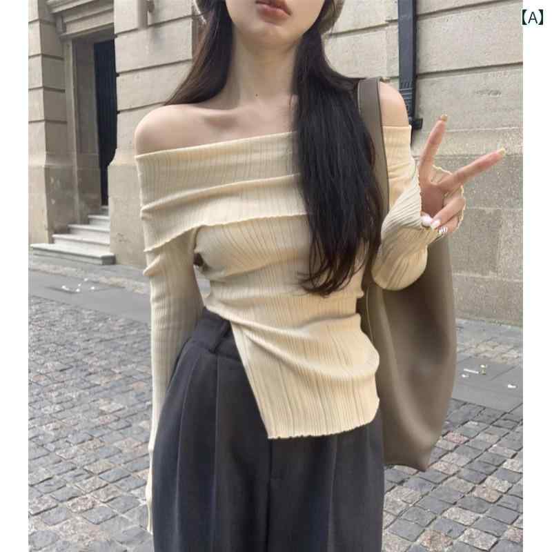 ニット レディース おしゃれ ブラック オフショルダー セクシー リブ スリム 春秋 長袖 シンプル ゆったり こなれ感 ニットトップス