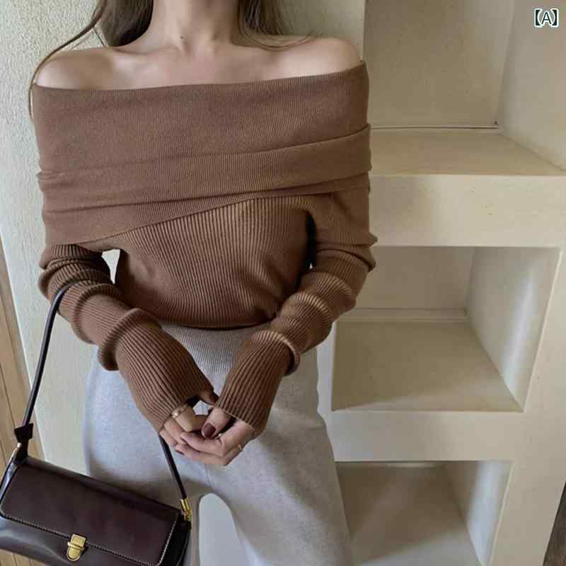 ニットトップス レディース おしゃれ 秋冬 オフショルダー リブ 長袖 上品 露肩 鎖骨見せ 体型カバー