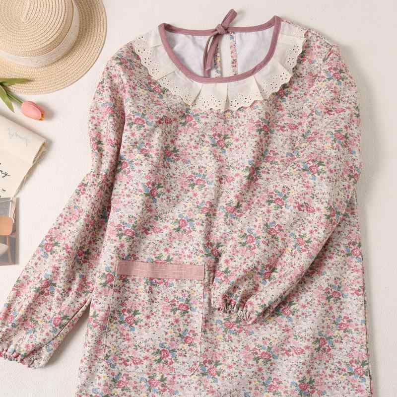 エプロン レディース おしゃれ プレゼント 長袖 花柄 韓国 ガーリー フリル襟 カントリー 調 ヴィンテージ風 かわいい 防汚 家事 割烹着 料理 袖