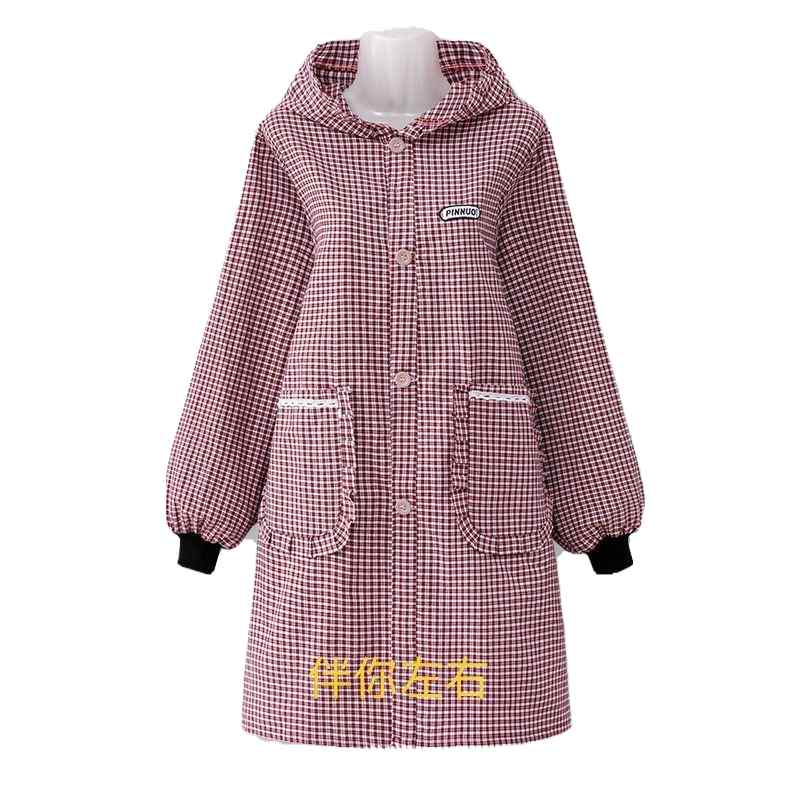 長袖 かっぽう着 レディース おしゃれ プレゼント フード チェック柄 ポケット キッチン ワーク 耐汚れ 耐摩耗 ガウン 家庭用 仕事用