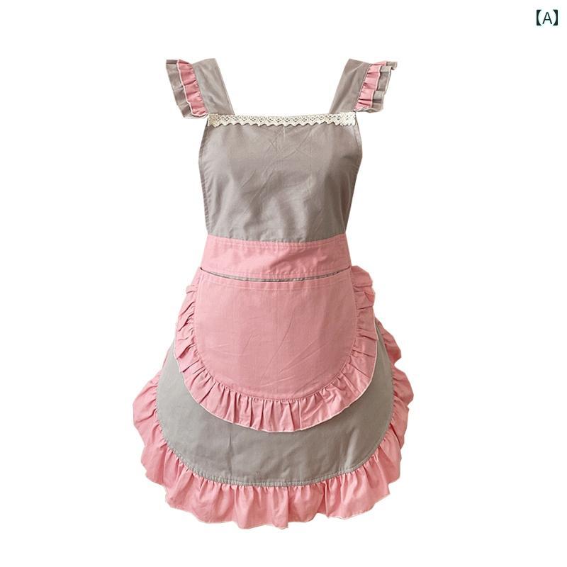 エプロン レディース おしゃれ プレゼント ピンク グレー フリル リボン 韓国 可愛い プリンセス 綿 半..