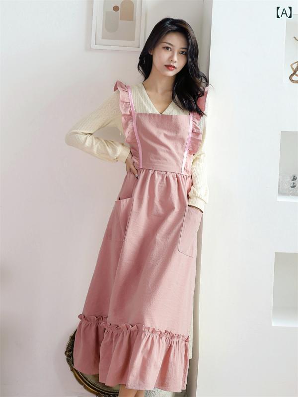 エプロン レディース おしゃれ プレゼント 韓国 ロング丈 過膝 綿 背面ストラップ クラシック 家庭用 キッチン かわいい フリル ポケット 仕事