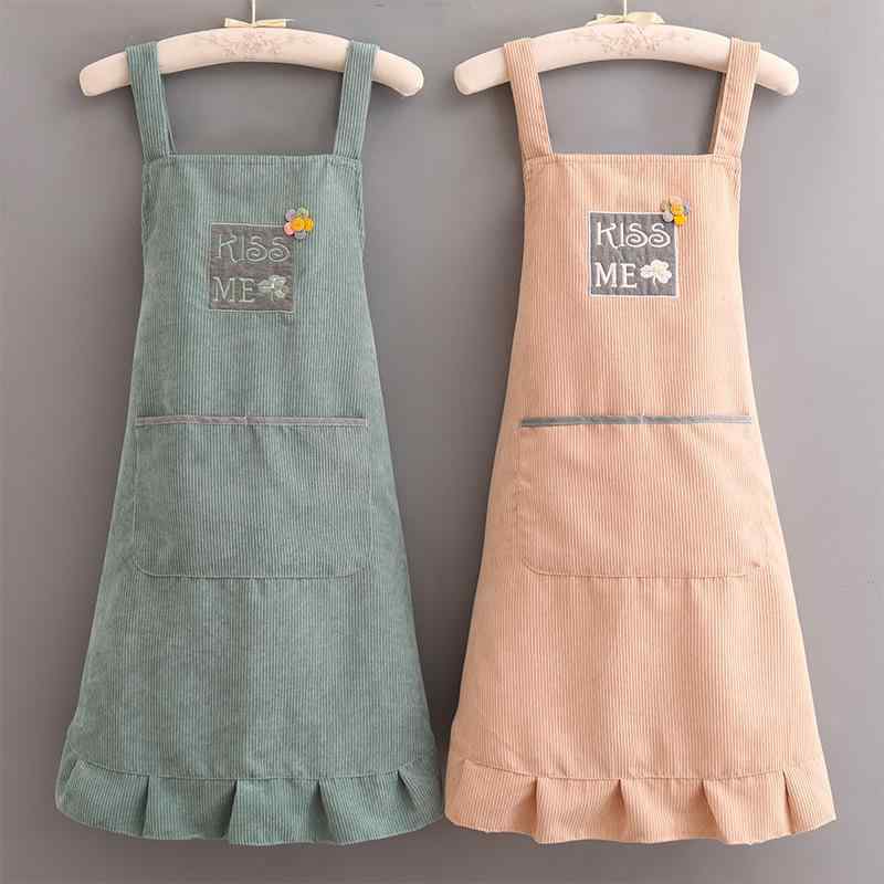 エプロン レディース おしゃれ プレゼント 柔らかい コーデュロイ 防水 内側裏地 大きいポケット 刺繍 レース 防汚れ 防油 キッチン 家庭用