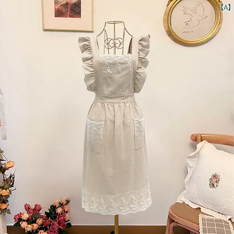 Cafe Aprons - エプロン レース フリル 花柄 ロング丈 ガーリー フェミニン シンプル カントリー 調 風 花屋 カフェ 上班 防汚 仕事 家庭用