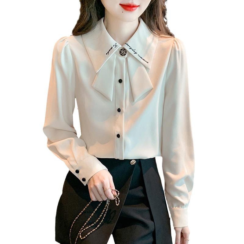 シャツ レディース おしゃれ 長袖 秋 刺繍 ダブルカラー 上品 シンプル 通勤 オフィス 大人 きれいめ フェミニン 風