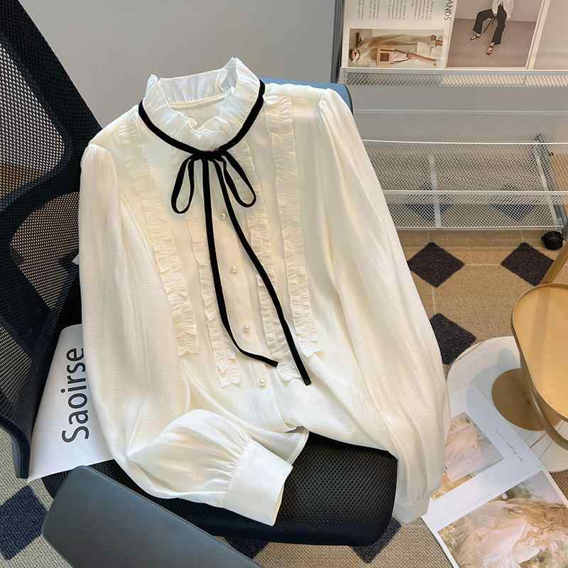 ブラウス レディース おしゃれ 長袖 春秋 フリル リボンタイ フェミニン フレンチ レトロ ガーリー 宮廷風 シフォン フェミニン