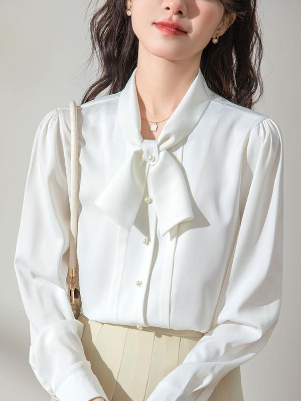シャツ レディース おしゃれ 白 サテン リボンタイ 長袖 春 通勤 フォーマル オフィス 面接 上品 フェミニン