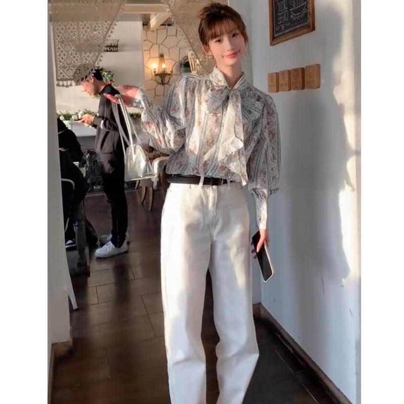 Long-Sleeved - ブラウス レディース おしゃれ フレンチ ヴィンテージ風 リボンタイ バルーン袖 長袖 花柄 体型カバー ゆったり 細見え 大人可愛い