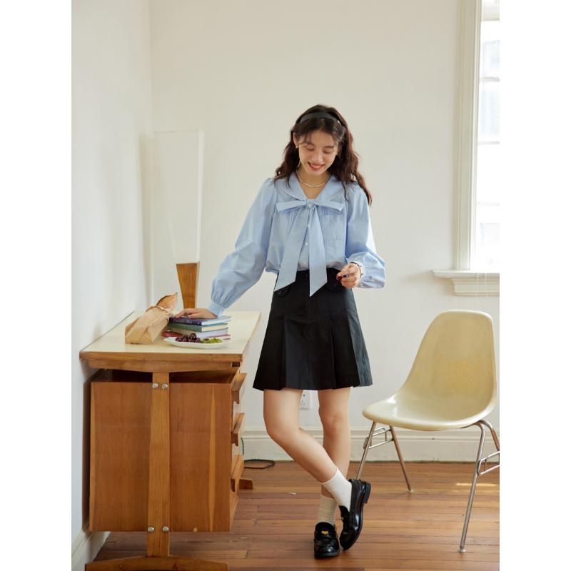 シャツ レディース おしゃれ オフィス 長袖 秋 リボン セーラー襟 タックプリーツ フレンチレトロ 可愛い(4)