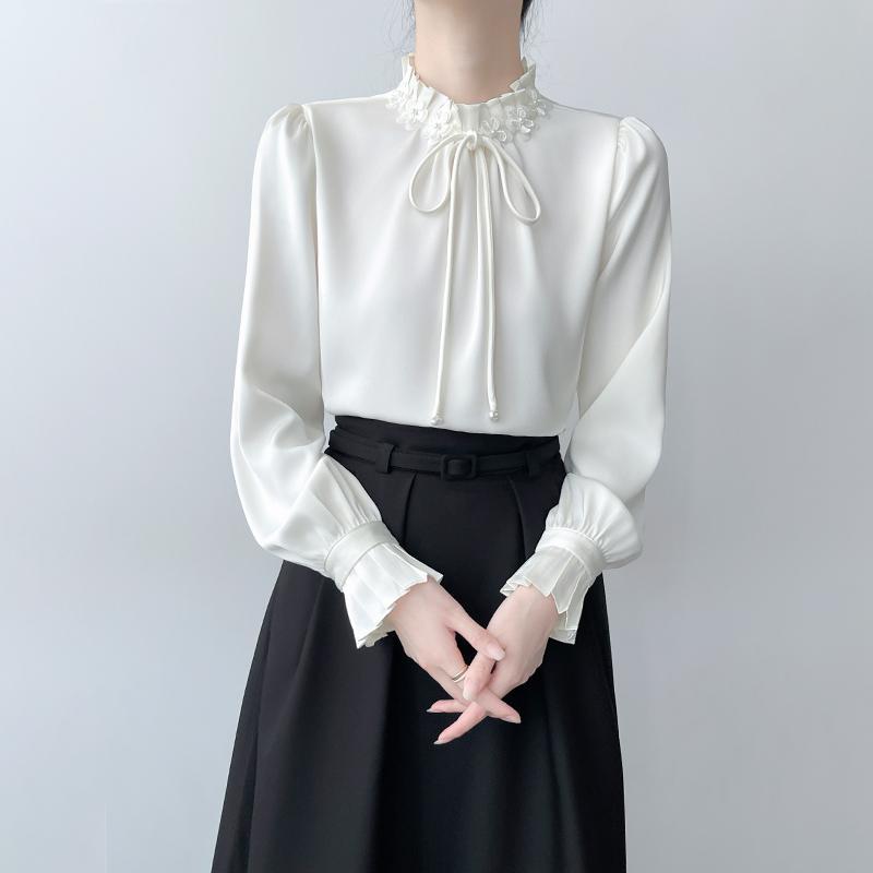 Long-Sleeved - ブラウス レディース おしゃれ オフィス スタンドカラー フリル 長袖 白 サテン 秋冬 面接 通勤 上品