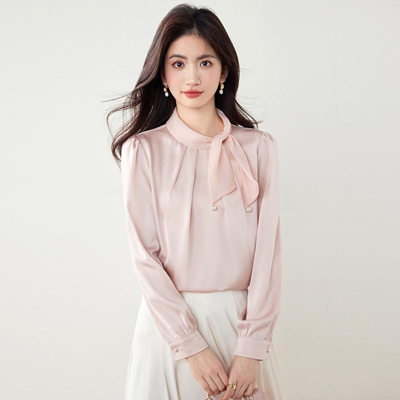 Long-Sleeved - シャツ レディース おしゃれ ピンク リボン 長袖 春 サテン風 とろみ 通勤 きれいめ 上品 フェミニン レトロ