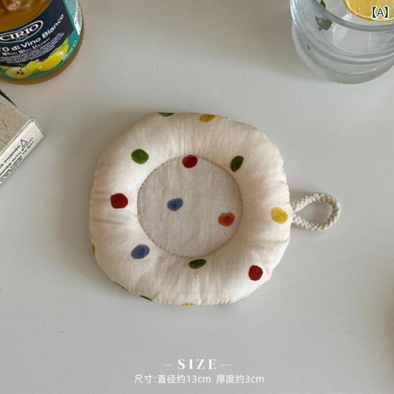 コースター おしゃれ 来客 北欧風 カラフル ドット 綿麻 撮影小物 テーブル装飾 インテリア 隔熱 丸型 ひも