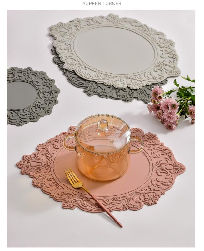 ランチョンマット バロック風 風 シリコン 楕円形 浮彫 レース 花柄 レース 花縁 耐熱 防熱 高温対策