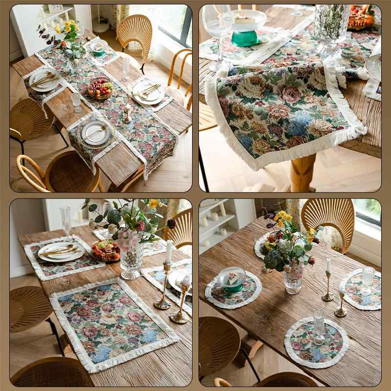 ランチョンマット 丸型 花柄 フリンジ ヴィンテージ風 防汚 北欧風 おしゃれ テーブルウェア インテリア