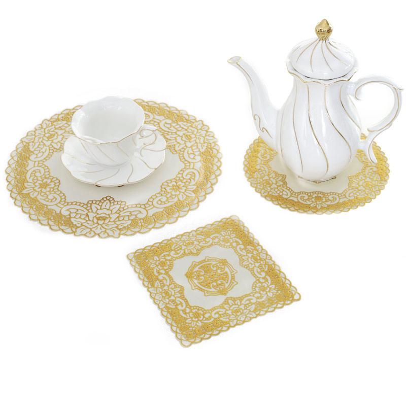 花瓶敷き おしゃれ コースター 欧風 ゴールド 耐熱 食卓 キッチン テーブルマット PVC 薔薇 華やか 装飾 茶杯 レース インテリア 食器敷き テーブルデコレーション