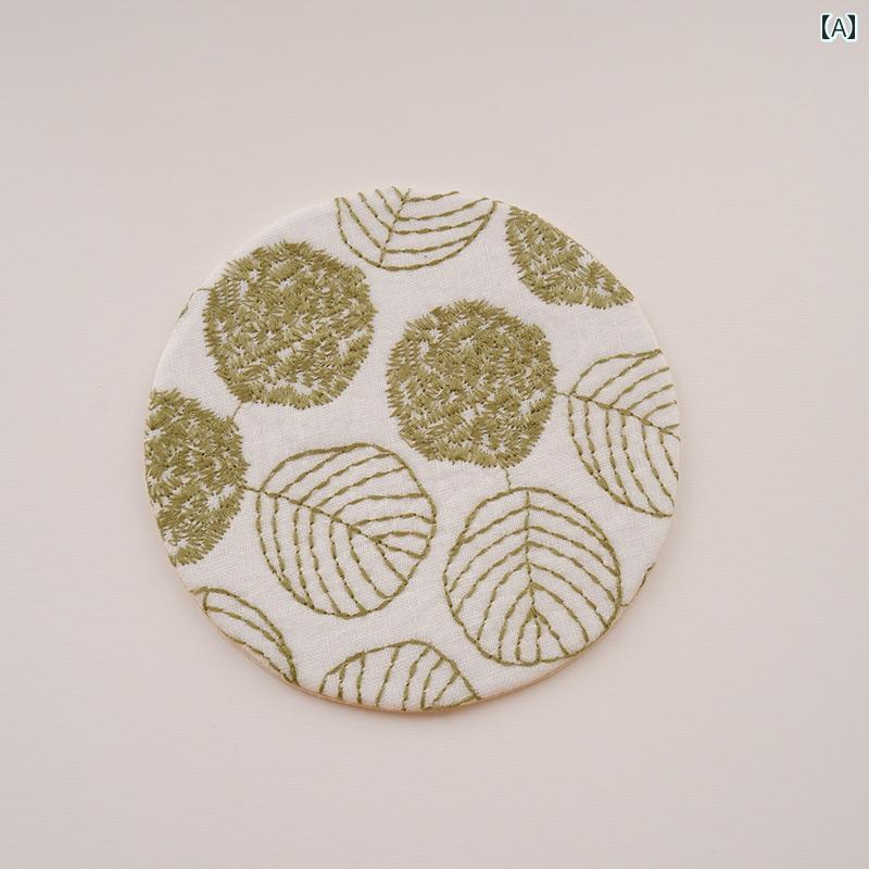 フロントップ楽天市場店のコースター 刺繍 綿麻 丸型 楕円型 断熱 ティーマット ナチュラル 北欧風 おしゃれ インテリア リーフ 柄｜アングル2
