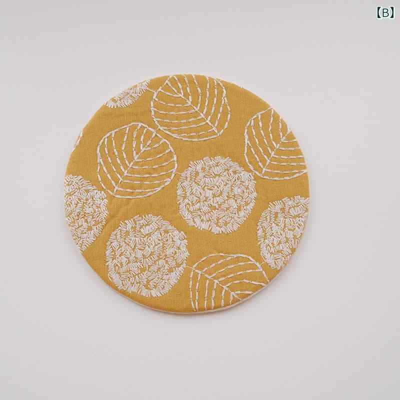 フロントップ楽天市場店のコースター 刺繍 綿麻 丸型 楕円型 断熱 ティーマット ナチュラル 北欧風 おしゃれ インテリア リーフ 柄｜アングル3