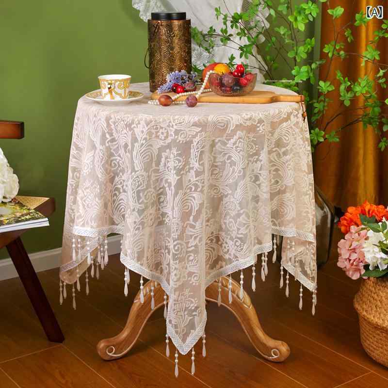 テーブルクロス レース 刺繍 吊り下げビーズ 手作り 風 小円卓 カバー ティーテーブル ベッドサイドキャビネット飾り インテリア