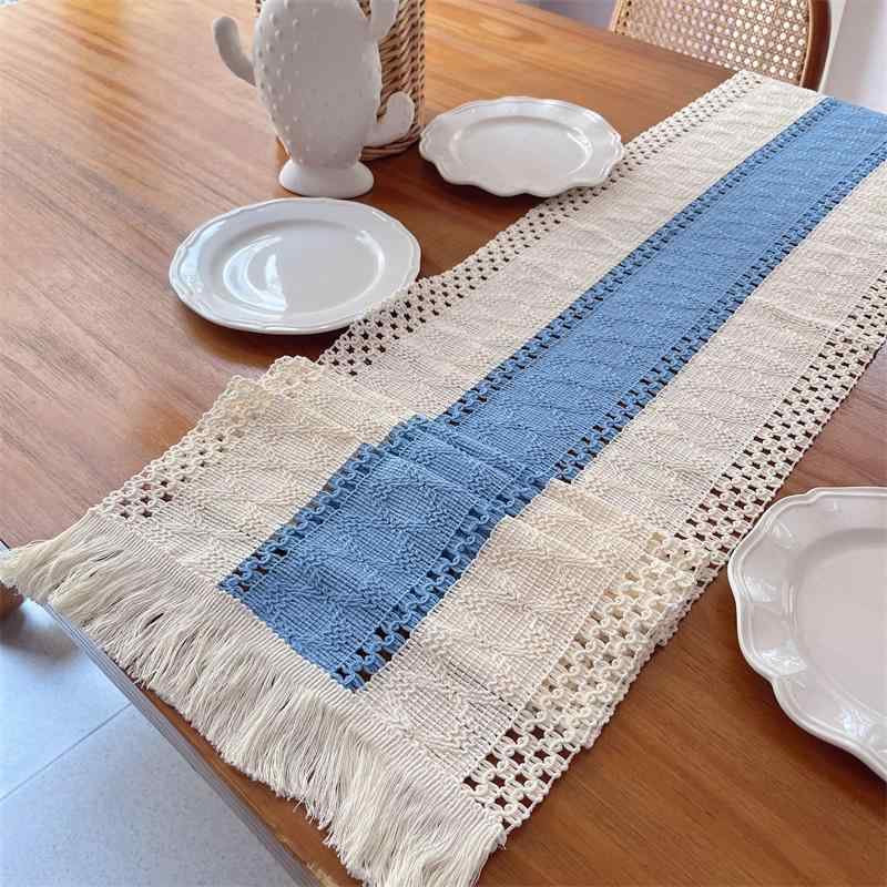 テーブルランナー おしゃれ インテリア ブルー ホワイト バイカラー レース フリンジ シンプル ナチュラル 原木風 長方形 テレビ台 茶席
