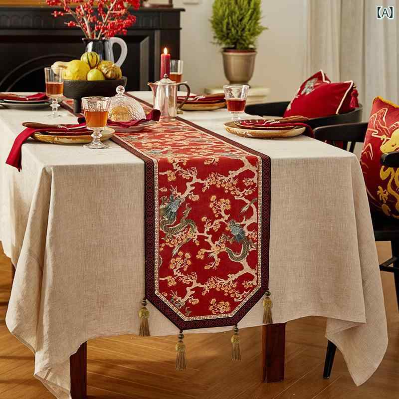 テーブルランナー おしゃれ インテリア レッド 中華風 祥龍柄 雪尼ール 厚手 編み込み 立体感 クラシック 食卓カバー テーブル