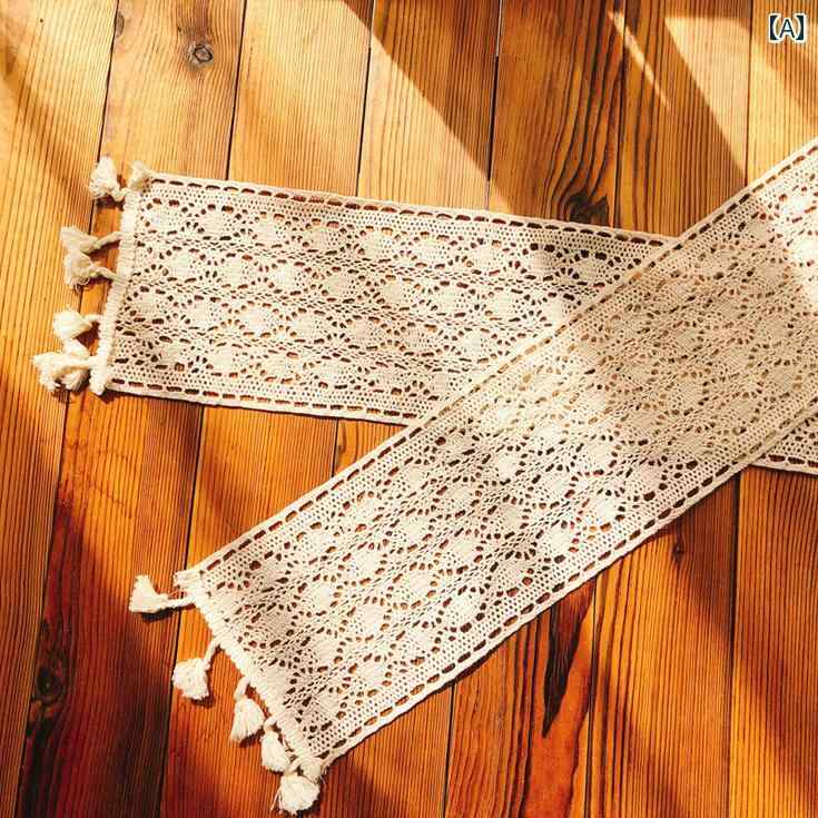 テーブルランナー おしゃれ インテリア レース編み ヴィンテージ風 かぎ針 レース 綿 アンティーク調 タッセル 装飾 机飾り テレビ台 サイドボード カバー