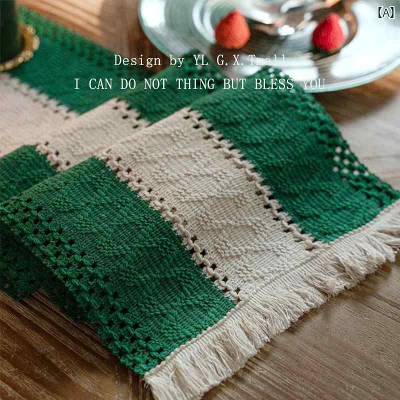 テーブルランナー おしゃれ インテリア グリーン 長方形 森系 綿麻 編み込み 北欧風 シンプル ダイニング リビング 雑貨 デコレーション