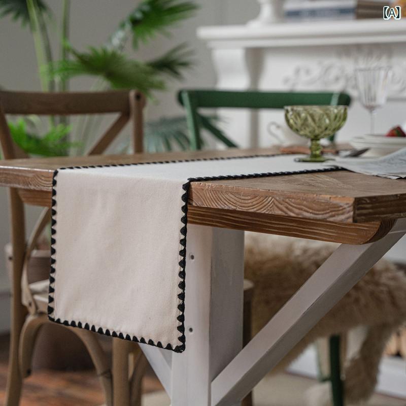 テーブルランナー おしゃれ インテリア フレンチ ヴィンテージ風 無地 麻調 ブラックライン レース縁取り 北欧風 シンプル テーブルマット テーブルクロス